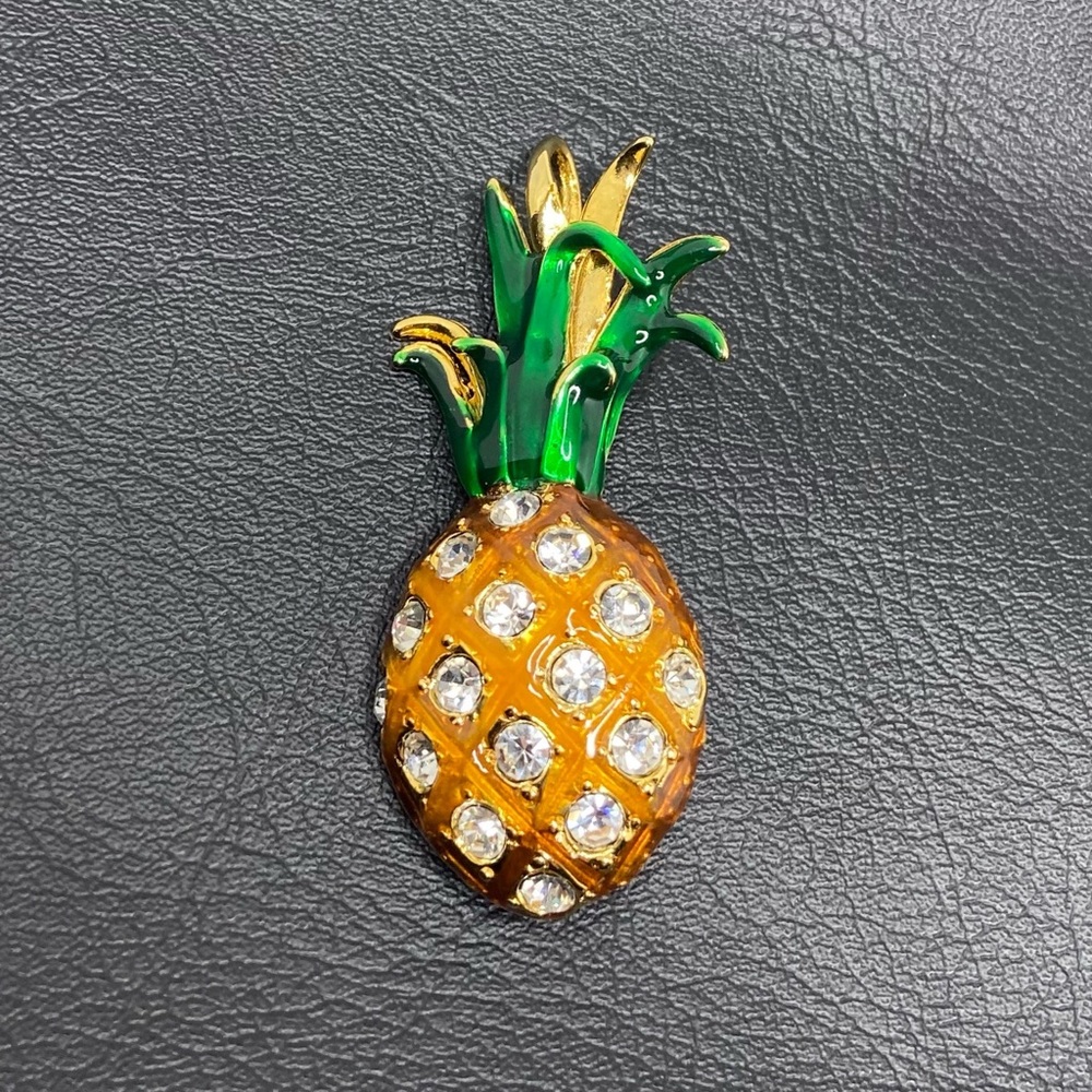 Vintage Pineapple Enamel Premier Designs Crystal Brooch Gold & Green